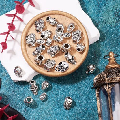 Elecrelive 28Pcs Antique Silver Skull Beads Halloween Skeleton Head Beads 7 Styles Gothic Charms for Necklace Bracelets Earrings Jewelry Making - color: Tibetan Silver
