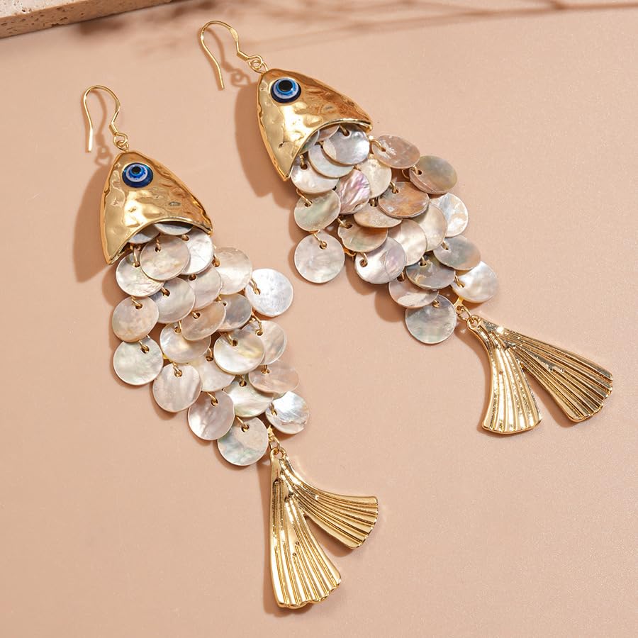 Boho Articulated Fish Drop Earrings for Women - Gold Tone Shimmering Resin Scale Dangle Earrings with Blue Evil Eye Charm, Lightweight Faux Shell Ocean Animal Jewelry Gift for Her Mom Wife
