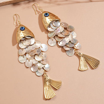 Boho Articulated Fish Drop Earrings for Women - Gold Tone Shimmering Resin Scale Dangle Earrings with Blue Evil Eye Charm, Lightweight Faux Shell Ocean Animal Jewelry Gift for Her Mom Wife