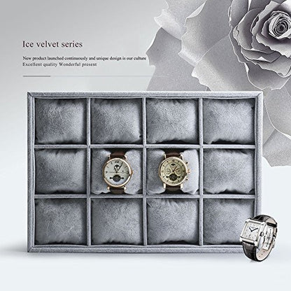Oirlv Grey Velvet 12 Grid Watch Bracelet Bangle Jewelry Organizer Tray | 12 compartments with removable velvet pillows,stackable, fits in most drawers and dresser,open top for instant access - size: 12 Grid Tray with Pillow