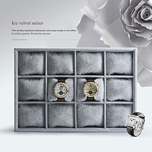 Oirlv Grey Velvet 12 Grid Watch Bracelet Bangle Jewelry Organizer Tray | 12 compartments with removable velvet pillows,stackable, fits in most drawers and dresser,open top for instant access - size: 12 Grid Tray with Pillow
