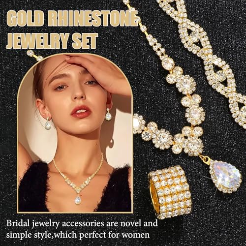 Rhinestone Jewelry Set Crystal Pearl Necklace Bracelet Earrings | Sparkly Necklace Dangle Earrings,Wedding Prom Formal Costume Jewelry Sets for Women - color: Gold1