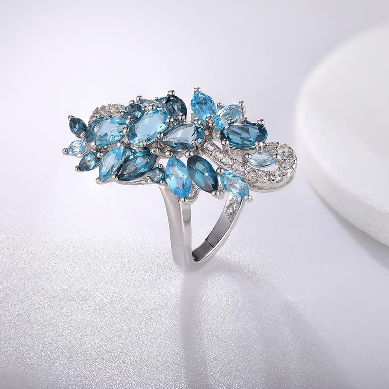 Statement Flower Ring Cocktail Leaf Ring Birthstone Anniversary Signet Ring | Hypoallergenic|14K Gold Plated|Sterling Silver Sparkling Engagement Promise Party Ring for Women, Size 6 to 10(With Box) - color: Long Leaf -London Blue Topaz