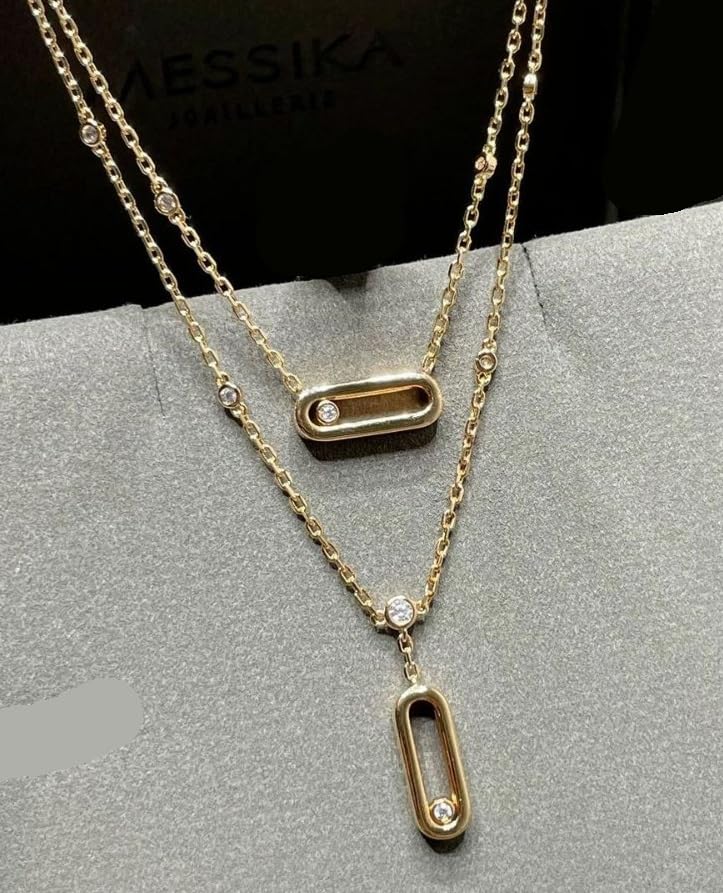 Diamond necklace for women, simple geometric single diamond double-layer, fashionable autumn and winter sweater chain, versatile clavicle - color: Gold