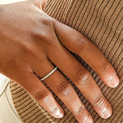 18K Gold Plated Sterling Silver Full Eternity Band | Cubic Zirconia Paved Wedding Band | Thin CZ Stacking Ring - color: Silver
