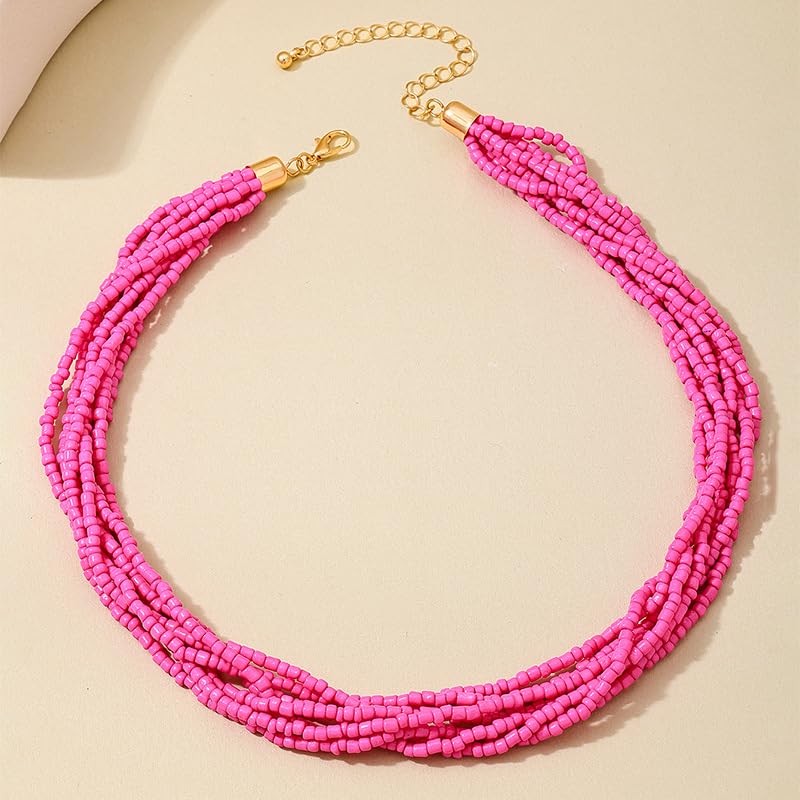 Colorful Multi-layered Seed Beaded Necklace Choker For Women Bohemian Handmade Crystal Stone Gemstone Hawaiian Necklace Holiday Birthday Summer Beach Jewelry Gift - color: Rose Pink