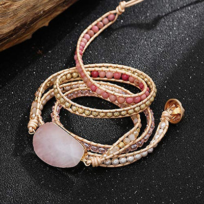 Plumiss Women Boho Handmade Natural Stone Crystal Leather Bead Wrap Bracelets Collection - style: Rose Quartz 5W