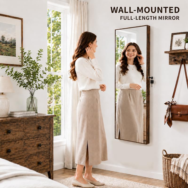 Lockable Jewelry Cabinet Organizer with Full Length Mirror, 6 Auto LED Lights, Wall & Over Door Mount Jewelry Armoire with Earring Slots, Necklace Hooks, Foldable Makeup Shelf - color: Brown