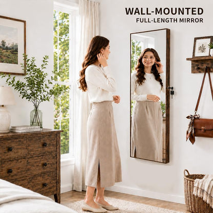 Lockable Jewelry Cabinet Organizer with Full Length Mirror, 6 Auto LED Lights, Wall & Over Door Mount Jewelry Armoire with Earring Slots, Necklace Hooks, Foldable Makeup Shelf - color: Brown