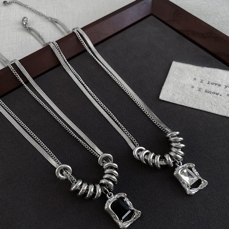 Modern Layered Snake and Curb Chain Necklace for Women, 18K Gold Plated Silver Tone Geometric Rectangular Crystal Pendant, Industrial Chic Bead Accents, Edgy Fashion Jewelry for Parties and Night Out