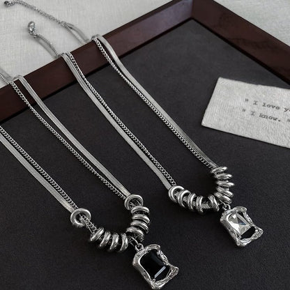 Modern Layered Snake and Curb Chain Necklace for Women, 18K Gold Plated Silver Tone Geometric Rectangular Crystal Pendant, Industrial Chic Bead Accents, Edgy Fashion Jewelry for Parties and Night Out