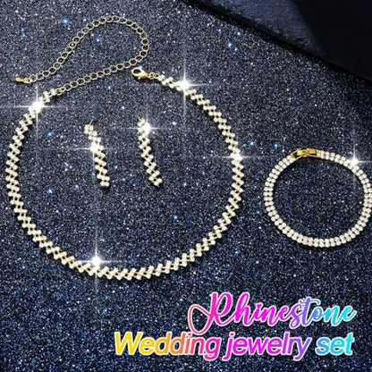 Aukmla Bridal Jewelry Set Silver Sparkly Choker Wedding Necklace Bracelet Earring Sets Prom Necklaces for Women and Brides - color: Gold