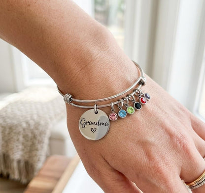 Custom Grandma Bracelet with Birthstones – Personalized Name Engraved Stainless Steel Bangle with 1-12 Birthstone Charms – Adjustable Wire Bracelet Gift for Mom, Grandma, Nana, Mimi