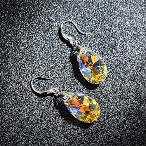 Austrian Crystal Teardrop Dangle Hook Earrings for Women 14K Gold Plated Hypoallergenic Jewelry - color: Aurora Borealis
