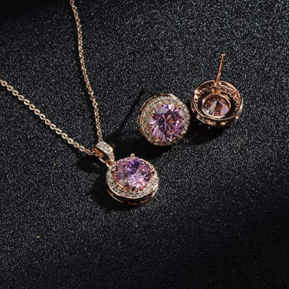 Bridal Crystal Jewelry Set - Sterling Silver Round Cubic Zirconia CZ Rhinestone Halo Birthstone Pendant Necklace Stud Earrings Set for Wedding Bride Bridesmaids Birthday Gift - color: Pink