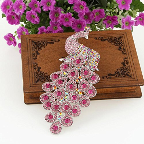EVER FAITH New 5 Inch Peacock Pin Brooch Pendant Austrian Crystal - color: Silver-Tone Pink