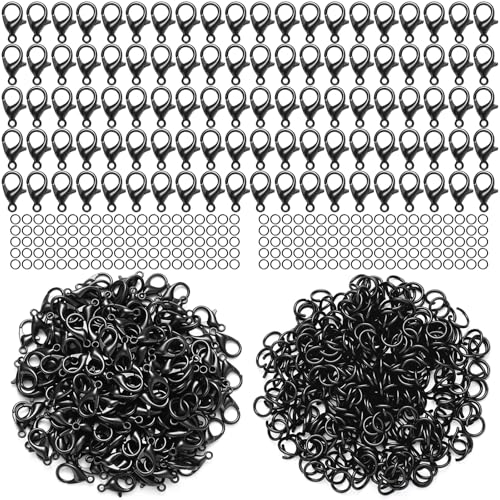 Syhood 600 Pieces Lobster Clasps and Open Jump Rings Set Lobster Claw Clasps and Closures for Jewelry Making and Bracelets Bracelet Hooks Jewelry Clips (Black) - color: Black