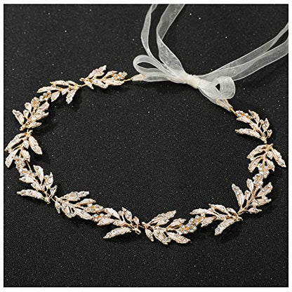 SWEETV Leaf Wedding Headpieces for Bride Flower Girl Gold Bridal Headband with Rhinestones Women Handmade Hair Accessories - color: Gold