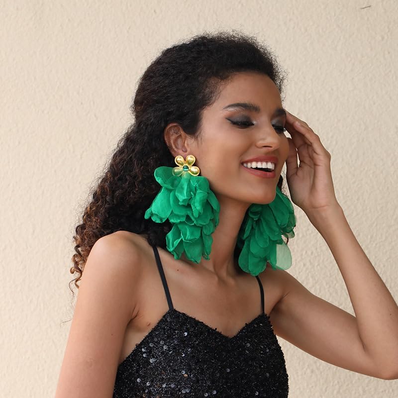 Fabric Flower Earrings for Women Colorful Long Tassel Floral Drop Earrings Fashion Boho Exaggerated Statement Beach Party Jewelry - color: E-874-Green