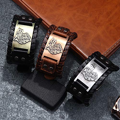 GelConnie Viking Bracelet Punk Leather Cuff Bracelet Gothic Leather Wristband Bracelet with Nordic Amulet Scandinavian Talisman Celtic Pagan Jewelry - color: Black Wolf