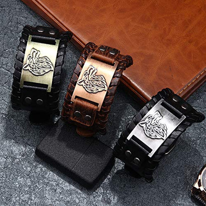 GelConnie Viking Bracelet Punk Leather Cuff Bracelet Gothic Leather Wristband Bracelet with Nordic Amulet Scandinavian Talisman Celtic Pagan Jewelry - color: Black Wolf