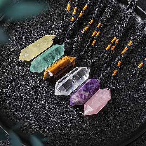 Runyangshi Tiger's Eye Healing Crystal Pendants, Double Pointed Natural Crystal Quartz Necklace 6 Faceted Chakra Crystal Wand Stone - color: Tiger's Eye