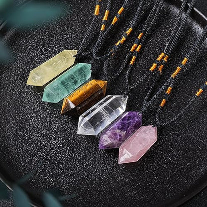 Runyangshi Tiger's Eye Healing Crystal Pendants, Double Pointed Natural Crystal Quartz Necklace 6 Faceted Chakra Crystal Wand Stone - color: Tiger's Eye