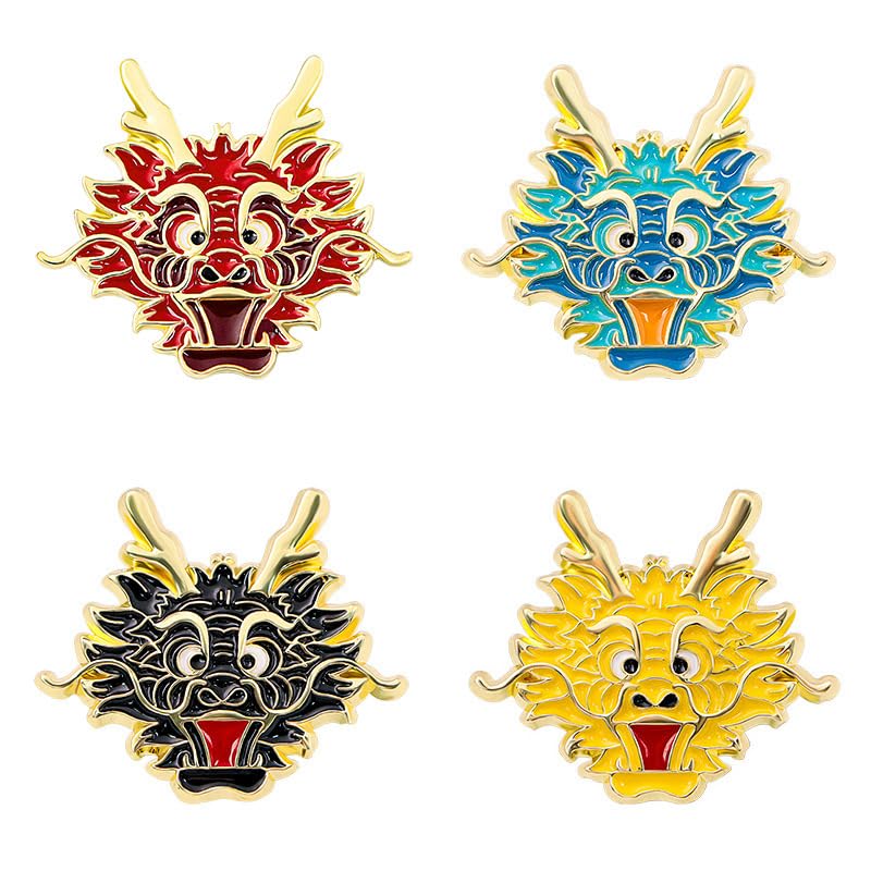 4pcs Chinese Dragon Enamel Lapel Pin Set, Dragon ChineseZodiac Style Traditional Design Red Yellow Pink Blue Green - color: GOLD