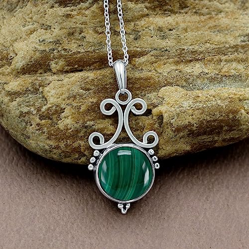 Natural Round Gemstone Pendant Necklace for Women, 925 Sterling Silver | Solitaire Birthstone Jewelry With 18 Inch Chain, Handmade Semi Precious Stone Pendant, Jewelry Gift for Mom, Wife & Sister - color: Malachite