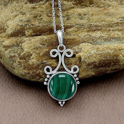 Natural Round Gemstone Pendant Necklace for Women, 925 Sterling Silver | Solitaire Birthstone Jewelry With 18 Inch Chain, Handmade Semi Precious Stone Pendant, Jewelry Gift for Mom, Wife & Sister - color: Malachite