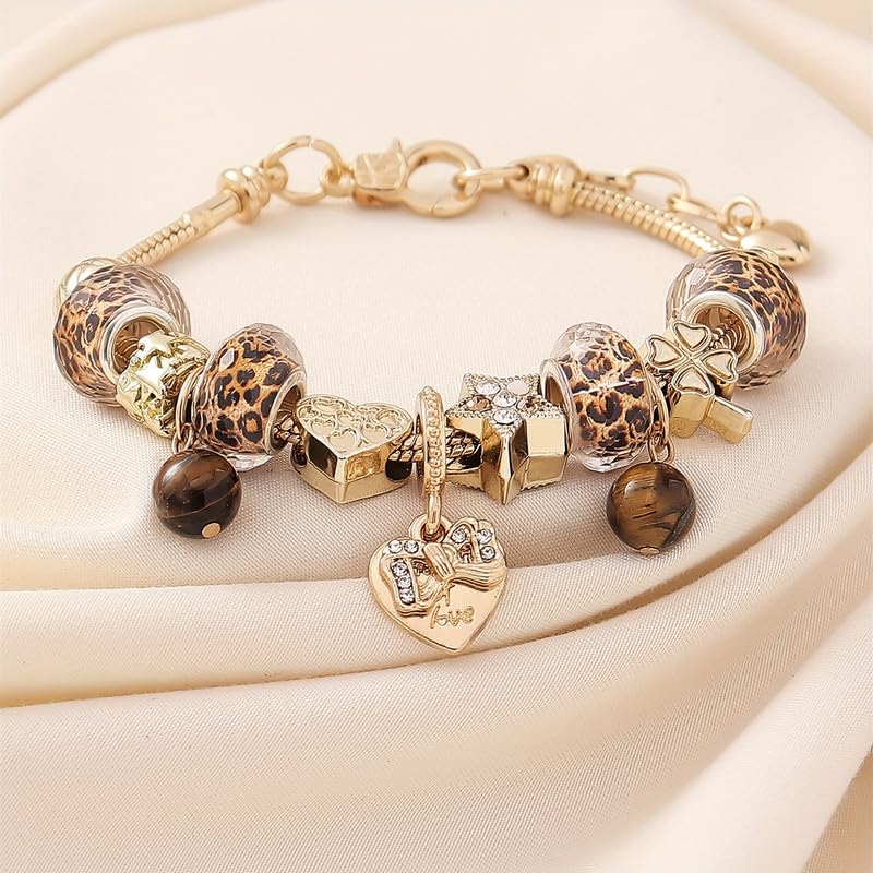 1PC Charm Bracelet, Gold Tone Snake Chain, Leopard Print Beads, Heart And Star Charms, Tiger Eye Accents, Vintage Style Jewelry For Outfit Matching(Gold)