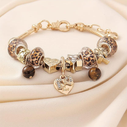 1PC Charm Bracelet, Gold Tone Snake Chain, Leopard Print Beads, Heart And Star Charms, Tiger Eye Accents, Vintage Style Jewelry For Outfit Matching(Gold)