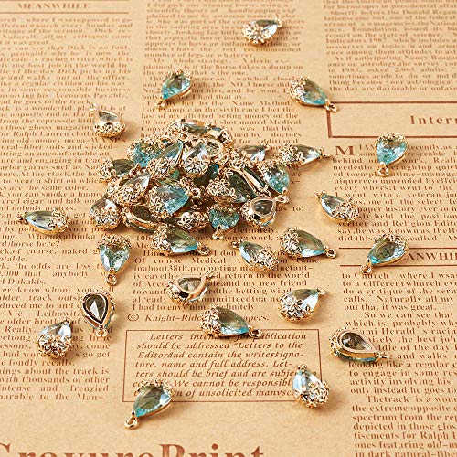 FASHEWELRY 50Pcs Faceted Transparent Glass Teardrop Pendants Crystal Glass Dangle Oval Drop Bead Charms with Golden Flower Open Back Settings for Jewelry Craft Making - color: Light Green