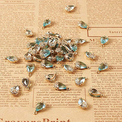FASHEWELRY 50Pcs Faceted Transparent Glass Teardrop Pendants Crystal Glass Dangle Oval Drop Bead Charms with Golden Flower Open Back Settings for Jewelry Craft Making - color: Light Green