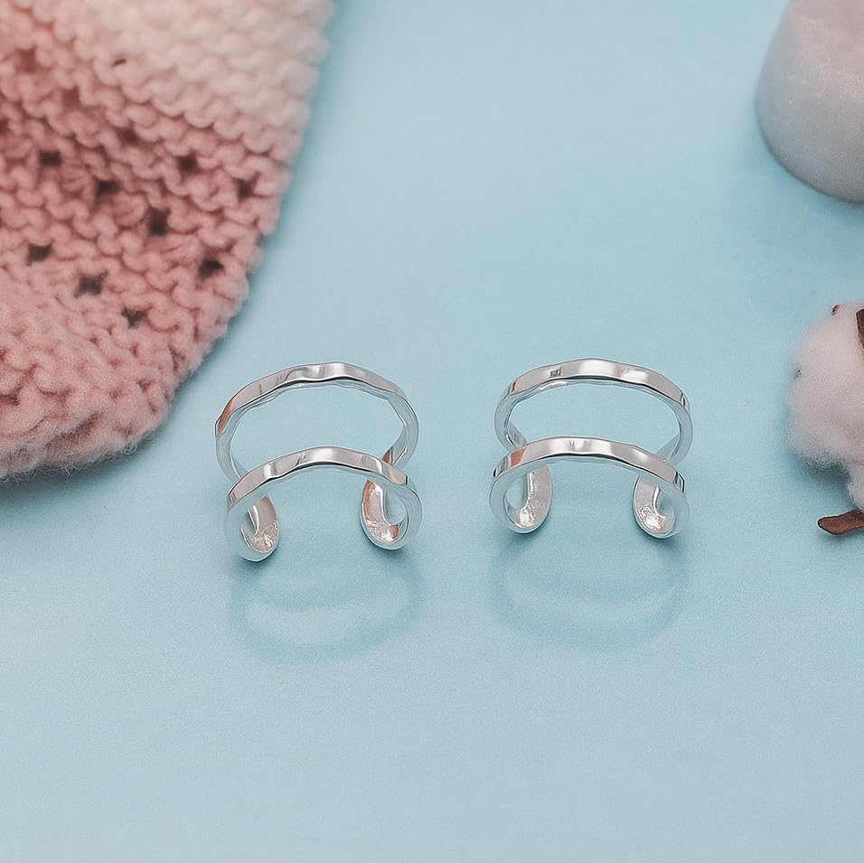 LeCalla 925 Sterling Silver Cuff Earrings for Women | Non-Piercing Fake Helix Cartilage Cuff Earrings | Hammered Ear Cuff-Set for Non-Pierced Ears | Cartilage Earring Silver Ear Clips Jewelry 12MM