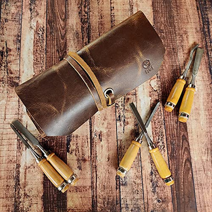 Leather Tool Roll Up Pouch - Leather Tool Wrench Roll/Chisel Bag by Rustic Town | Fit Carving & Hand Tools up to 9 inches, Compact Carry for Woodworkers, Electricians and DIY Projects, Secure Tie Closure - style: 12 Slots(large)