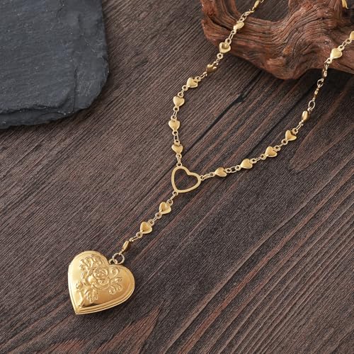 Personalized Heart Locket Necklace for Women Stainless Steel- Heart Necklace - color: Gold-F
