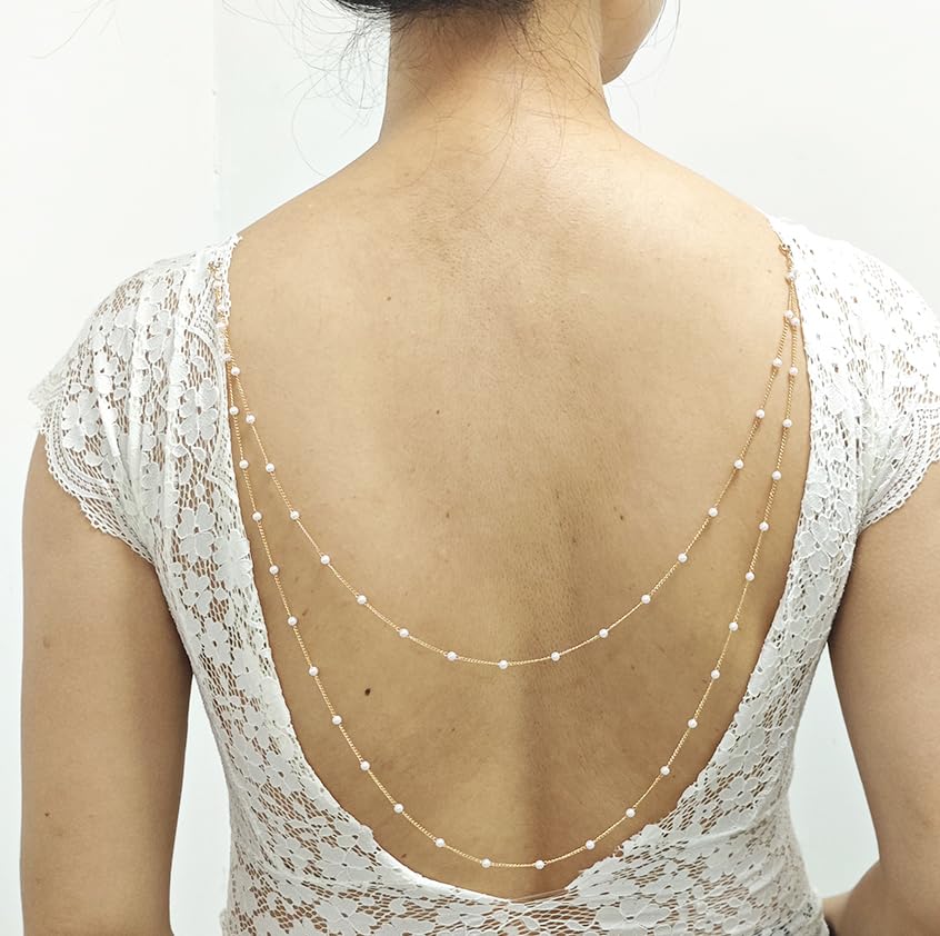 Pearl Back Chain Necklace Wedding Bridal Silver Gold Layered Backdrop Body Chain for Women Backless Dress - color: Gold