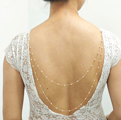 Pearl Back Chain Necklace Wedding Bridal Silver Gold Layered Backdrop Body Chain for Women Backless Dress - color: Gold