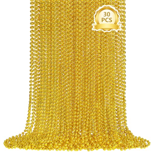 SHAOQINLIN 30 PCS Gold Bead Necklace, Gold Mardi Gras Christmas Beads Necklaces 33" Metallic Beaded Costume Necklaces Party Necklaces for Mardi Gras Parade Throws Wedding Birthday Pirate Party Favors - color: Gold