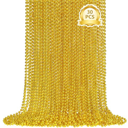 SHAOQINLIN 30 PCS Gold Bead Necklace, Gold Mardi Gras Christmas Beads Necklaces 33" Metallic Beaded Costume Necklaces Party Necklaces for Mardi Gras Parade Throws Wedding Birthday Pirate Party Favors - color: Gold