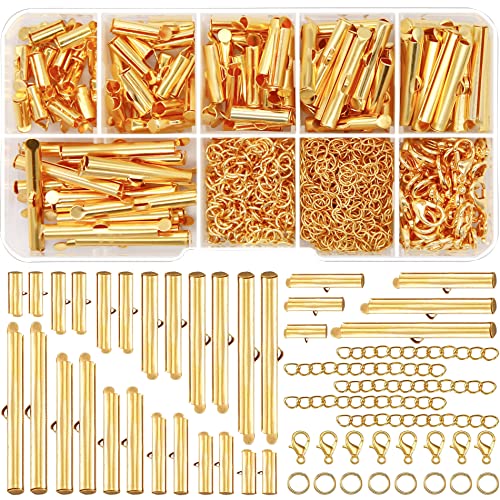 EuTengHao 540Pcs Slider Clasp Kit, Beading Tube Slide Cord Ends Slide Tube End Bar with Lobster Clasp Chain Extender Jewelry Finding Kit for Beading Necklace Bracelet Jewelry Making (6 Sizes, Gold) - color: Gold