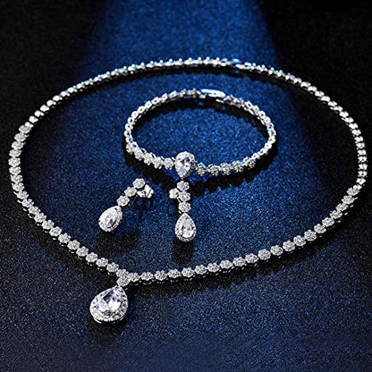 Jewelry Set for Women, Necklace Dangle Earrings Bracelet Set with White AAA Cubic Zirconia, Allergy Free Wedding Party Jewelry for Bridal Bridesmaid - color: Necklace + Earrings-Bracelet-flower