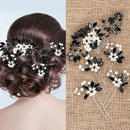5 Pieces Wedding Hair Comb Bridal Pins Crystal Pearl Wedding Hair Accessories Rhinestone Flower Piece for Bride Bridesmaids Women(Black) - color: Black
