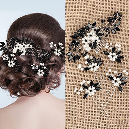 5 Pieces Wedding Hair Comb Bridal Pins Crystal Pearl Wedding Hair Accessories Rhinestone Flower Piece for Bride Bridesmaids Women(Black) - color: Black