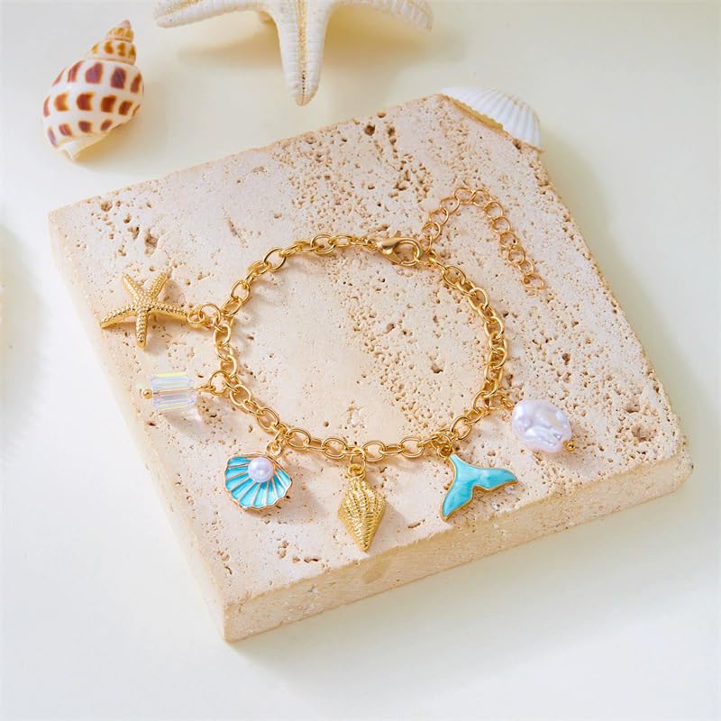 Shell Starfish Bracelet Seahorse Conch Starfish Sea Shell Pearls Charm Stone Bracelet Statement Bohemian Sea Themed Beach Jewelry for Women - color: Blue F
