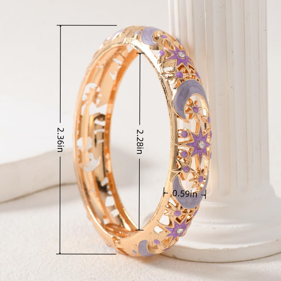 Cloisonne Bracelet For Women, Chunky Bangle Trendy Cute Flower Enamel Bangles Multi Tone Engraved Cuff Gold Plated Bracelets Stackable Wife Jewelry Friendship Gift - color: Hollow Star Sun Moon Pink