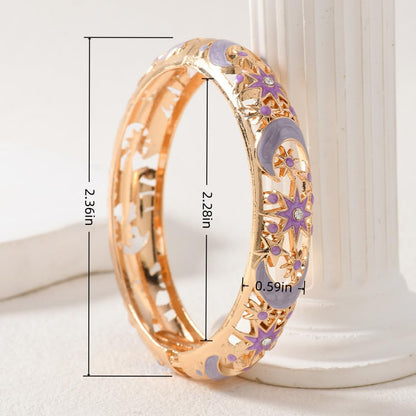 Cloisonne Bracelet For Women, Chunky Bangle Trendy Cute Flower Enamel Bangles Multi Tone Engraved Cuff Gold Plated Bracelets Stackable Wife Jewelry Friendship Gift - color: Hollow Star Sun Moon Pink