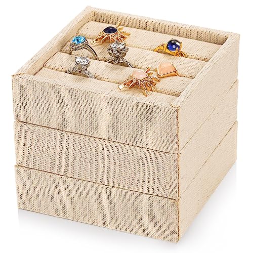 3 Pcs Linen 3 Slots Ring Earrings Display Trays, Ring Earrings Organizer Holder Jewelry Tray Box Showcase Display, Stackable Jewelry Organizer Trays, Jewelry Drawer Organizer Inserts