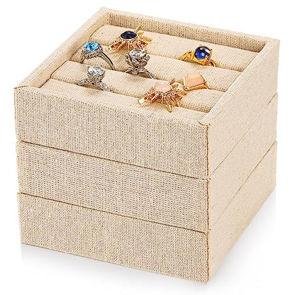 3 Pcs Linen 3 Slots Ring Earrings Display Trays, Ring Earrings Organizer Holder Jewelry Tray Box Showcase Display, Stackable Jewelry Organizer Trays, Jewelry Drawer Organizer Inserts